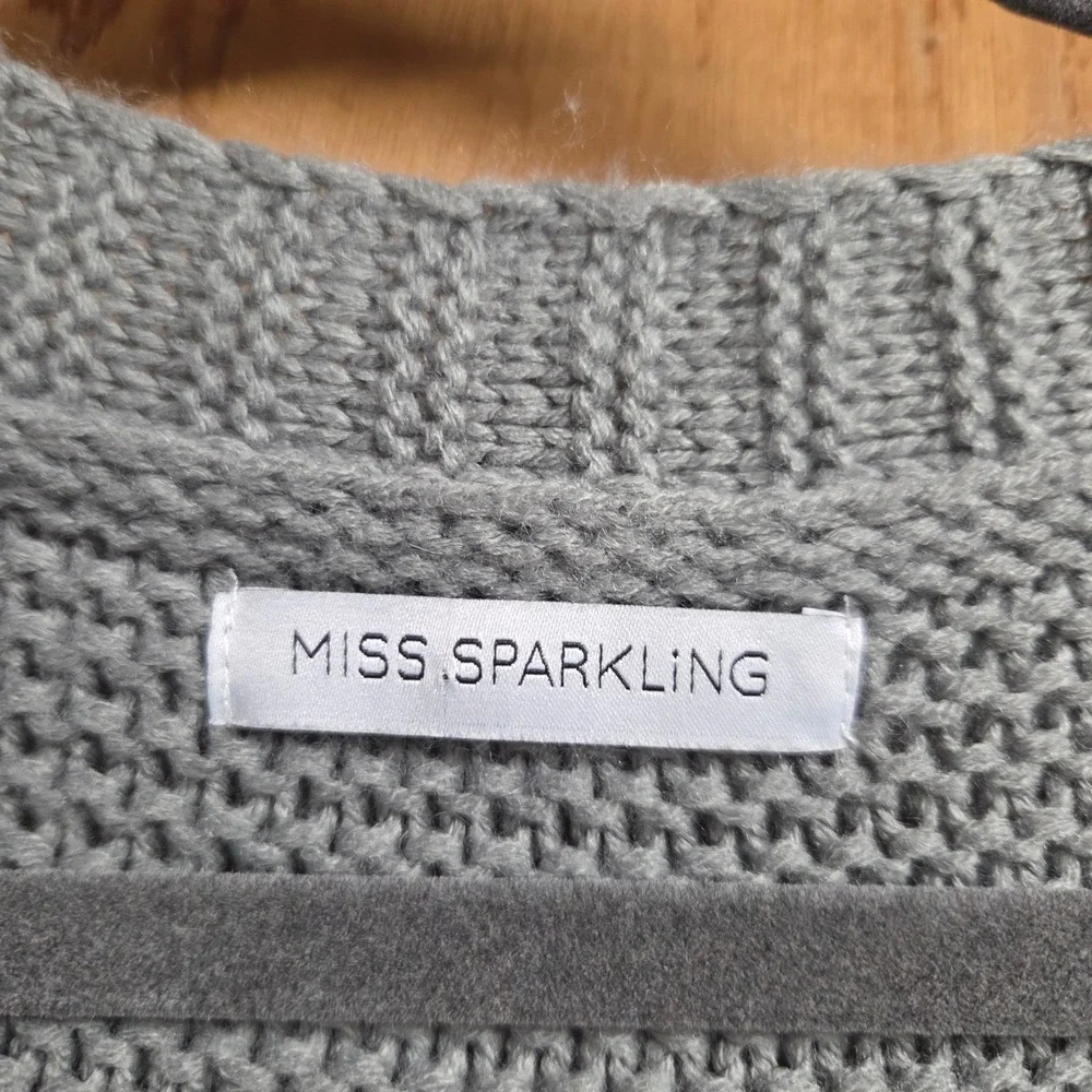 Miss Sparkling Open Front Longline Cardigan Sweater Small Gray Cable‎ Knit